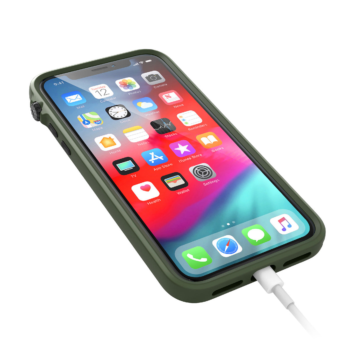 Catalyst Impact Protection Case for iPhone X/XR/Xs/Xs Max showing the front of the iphone with the catalyst case installed and lightning cable attached