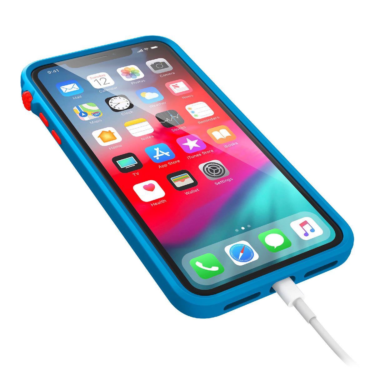 Catalyst Impact Protection Case for iPhone X/XR/Xs/Xs Max showing the front of the iphone with the catalyst case installed and lightning cable attached