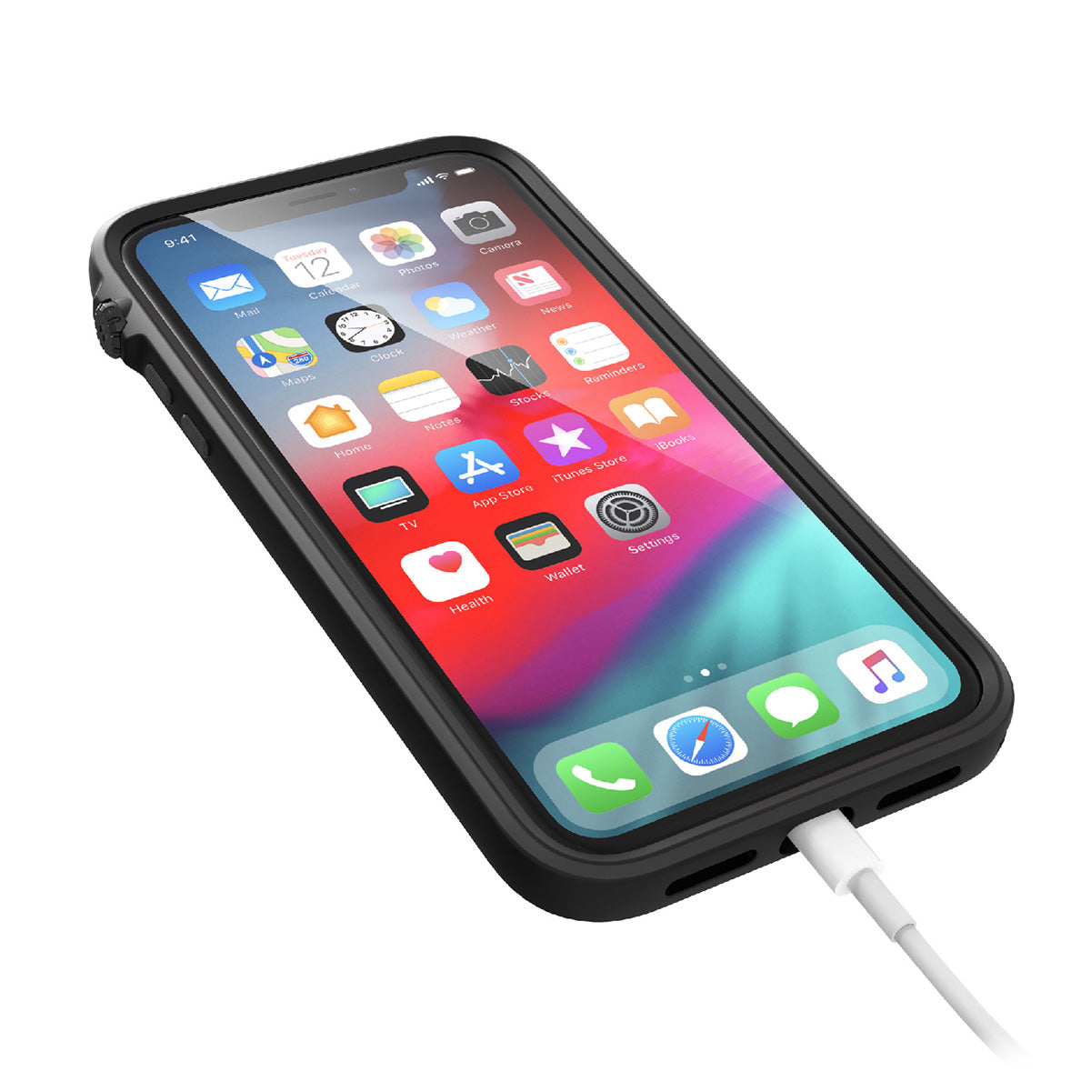 Catalyst Impact Protection Case for iPhone X/XR/Xs/Xs Max showing the front of the iphone with the catalyst case installed and lightning cable attached