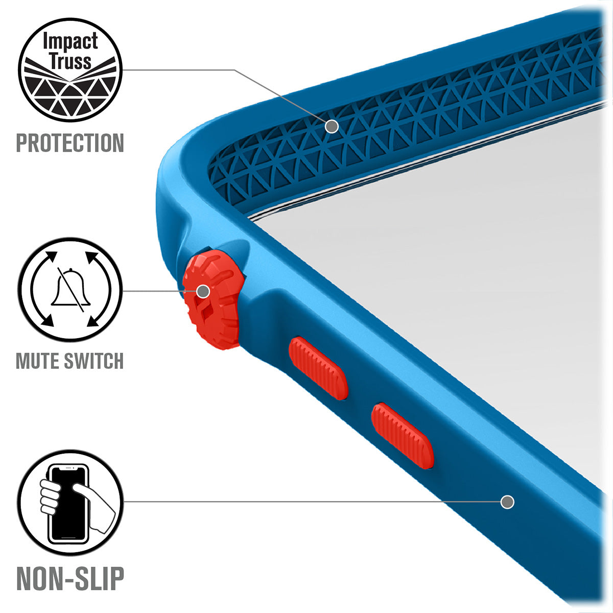 Catalyst Impact Protection Case for iPhone X/XR/Xs/Xs Max showing the interior of the case text reads impact protection mute switch non slip