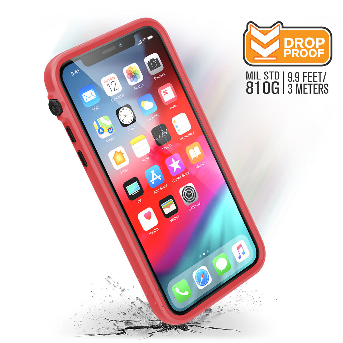 Catalyst Impact Protection Case for iPhone X/XR/Xs/Xs Max showing the iphone screen with the catalyst case installed text reads drop proof MIL STD 810g 9.9 feet/3 meters