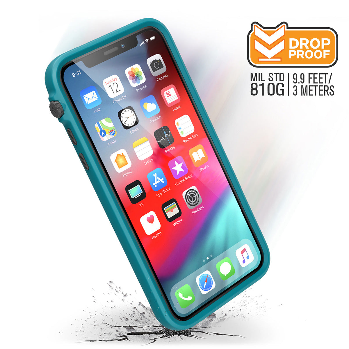 Catalyst Impact Protection Case for iPhone X/XR/Xs/Xs Max showing the iphone screen with the catalyst case installed text reads drop proof MIL STD 810g 9.9 feet/3 meters