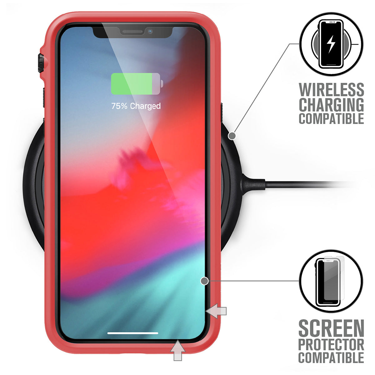 Catalyst Impact Protection Case for iPhone X/XR/Xs/Xs Max showing the iphone screen with the catalyst case installed on a wireless charger text reads wireless chaging compatible screen protector compatible