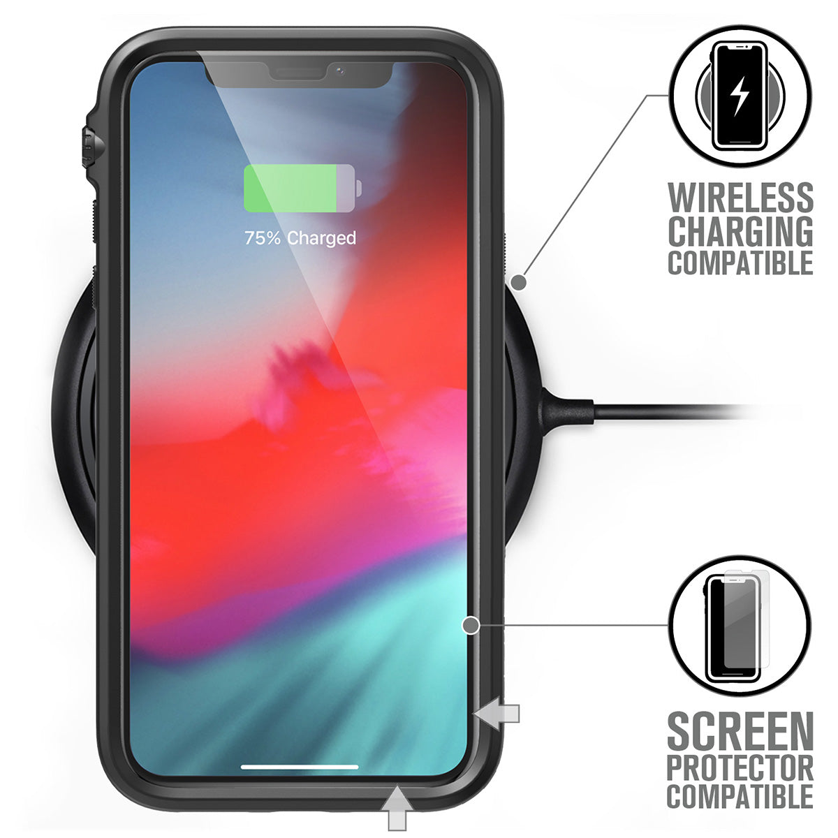 Catalyst Impact Protection Case for iPhone X/XR/Xs/Xs Max showing the iphone screen with the catalyst case installed on a wireless charger text reads wireless chaging compatible screen protector compatible