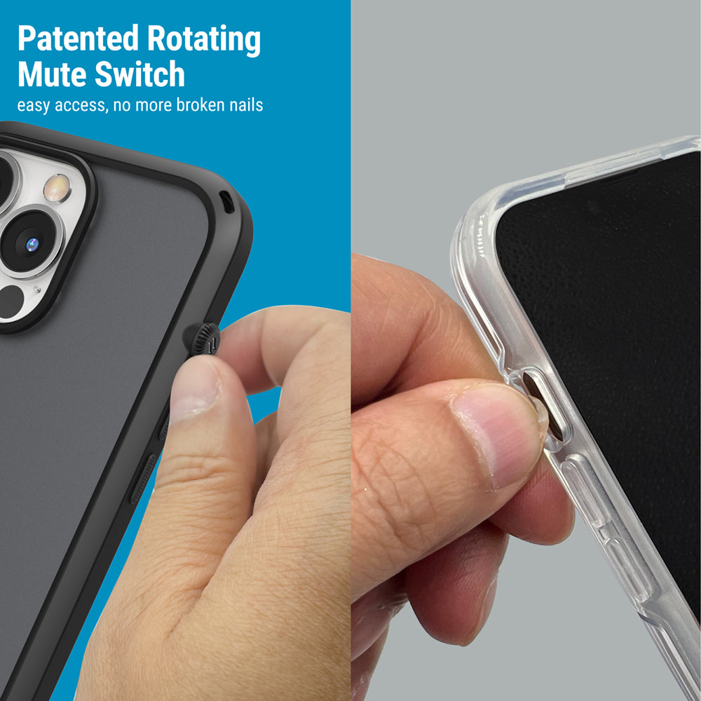 Catalyst Influence Case for iPhone 14 series clear showing finger touching the action button and stealth black showing finger switching the rotating mute switch text reads patented rotating mute switch easy access no more broken nails.