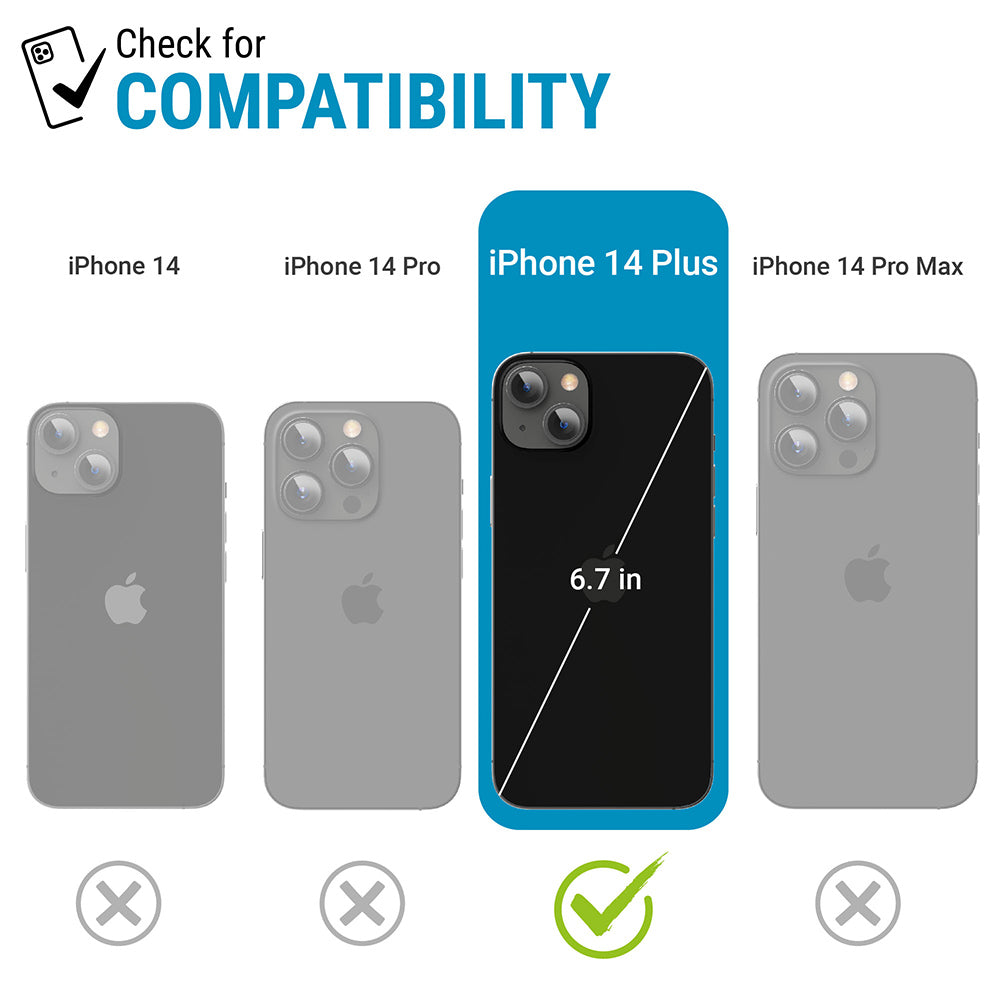 Catalyst Influence Case for iPhone 14 series showing iphone 14 iphone 14 pro iphone 14 plus iphone 14 pro max image showing size size differences text reads check for compatibility iphone 14 iphone 14 pro iphone 14 plus iphone 14 pro max