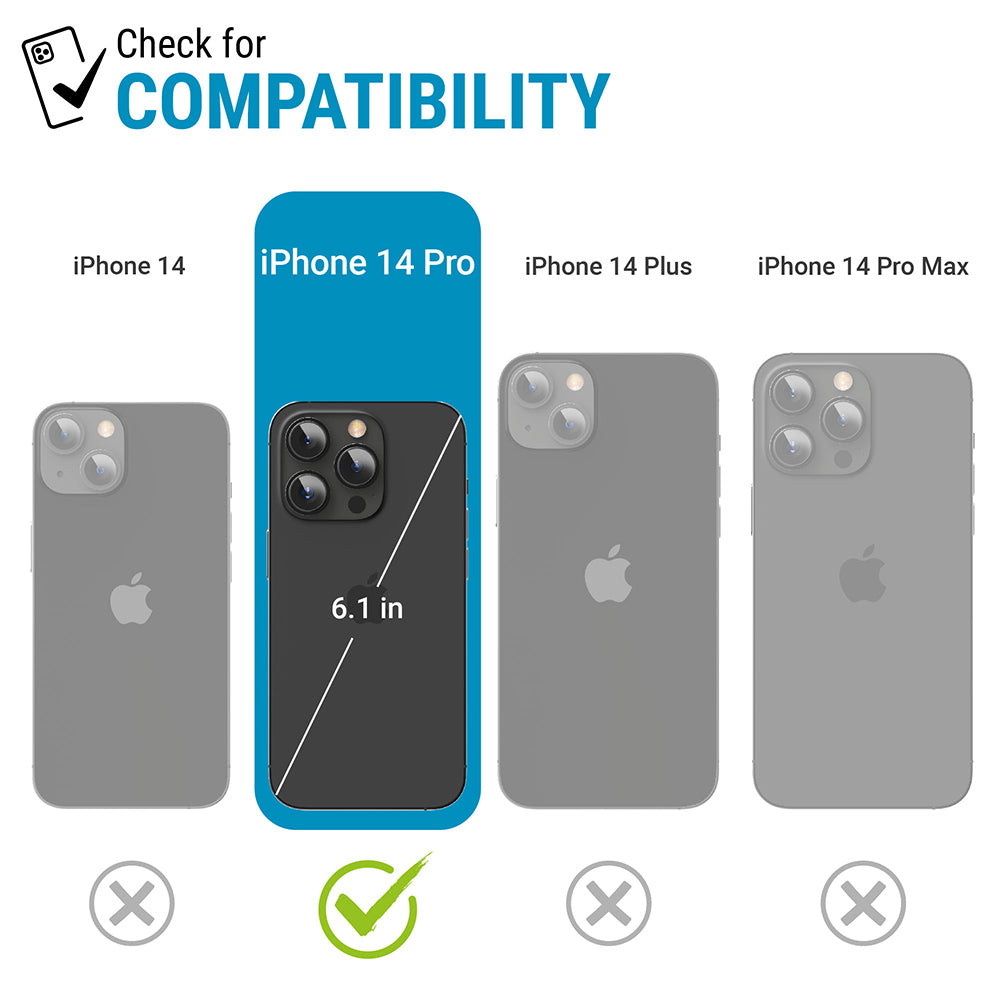 Catalyst Influence Case for iPhone 14 series showing iphone 14 iphone 14 pro iphone 14 plus iphone 14 pro max image showing size size differences text reads check for compatibility iphone 14 iphone 14 pro iphone 14 plus iphone 14 pro max