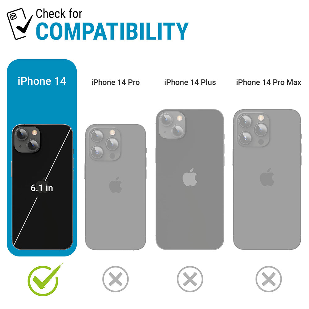 Catalyst Influence Case for iPhone 14 series showing iphone 14 iphone 14 pro iphone 14 plus iphone 14 pro max image showing size size differences text reads check for compatibility iphone 14 iphone 14 pro iphone 14 plus iphone 14 pro max