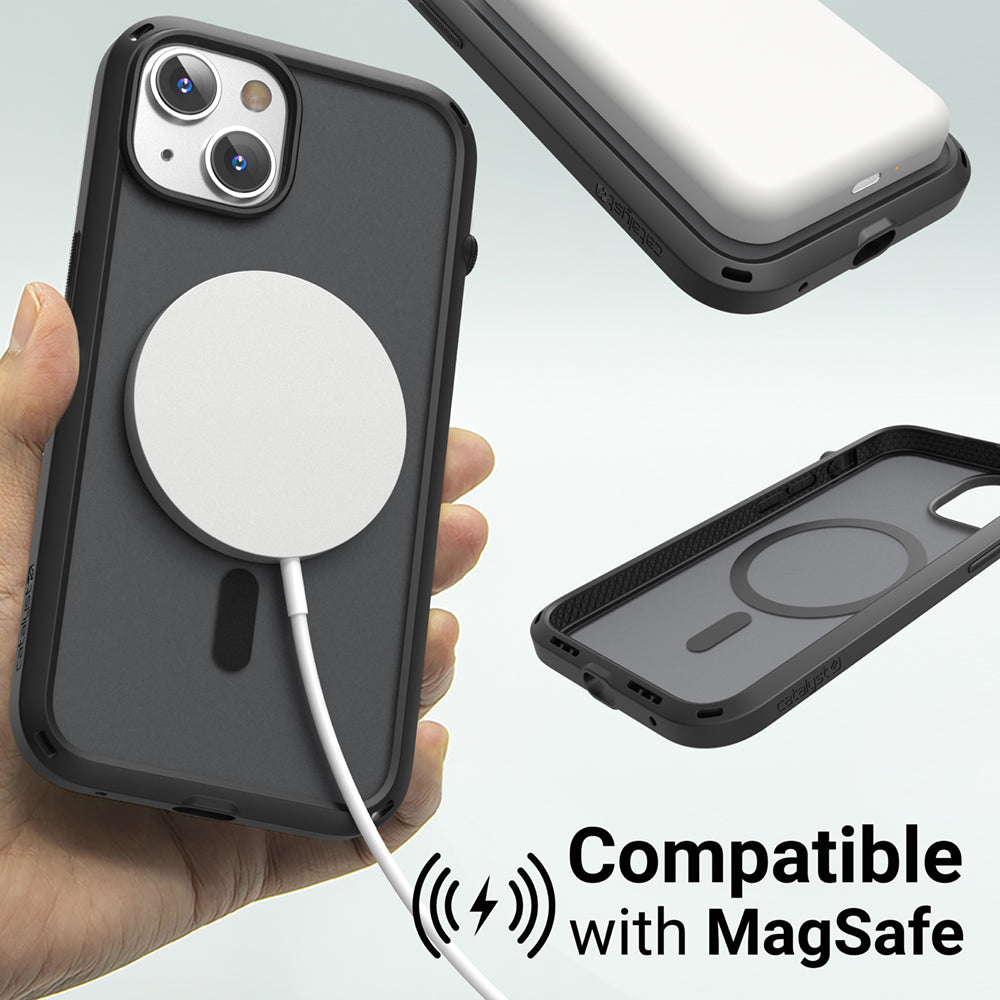 Catalyst Influence Case for iPhone 14 series stealth black magsafe compatible showing magsafe charger attached to magsafe magnet text reads compatible with magsafe
