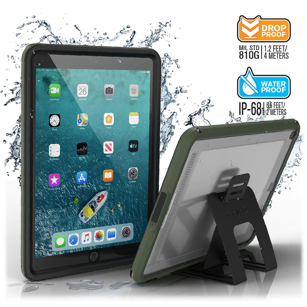 catalyst ipad air gen 3 10.5 waterproof case army green front and back view with stand and splashes of water text reads drop proof mil std 810g 1.2 feet 4 meters waterproof ip68 6.6 feet 2 meters