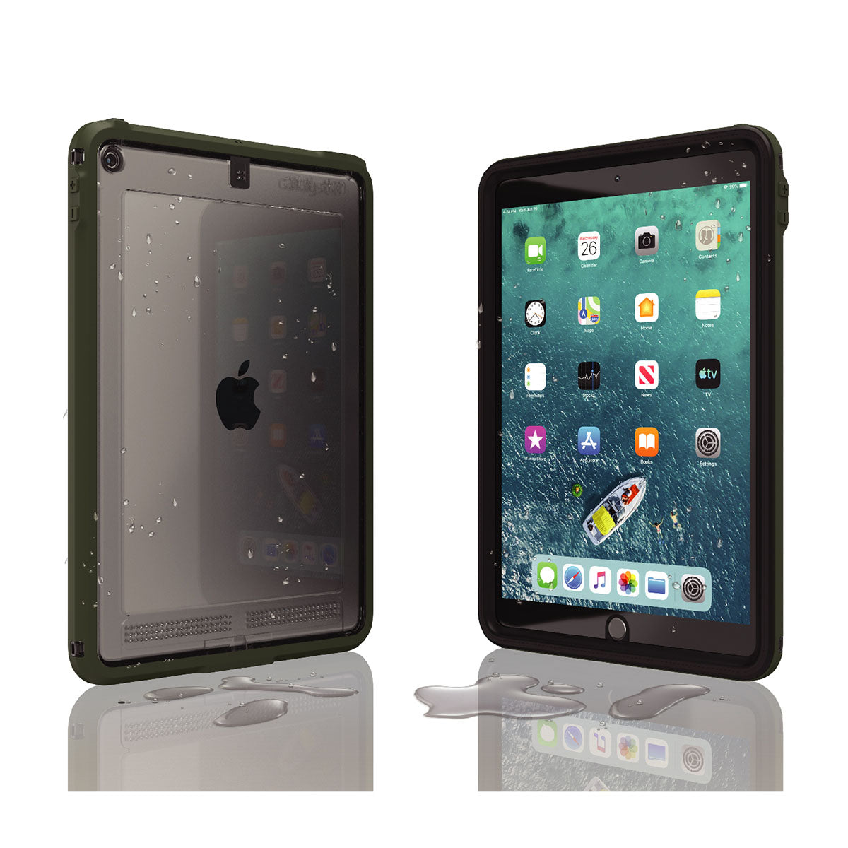 catalyst ipad air gen 3 10.5" waterproof case army green front and back view with water droplets