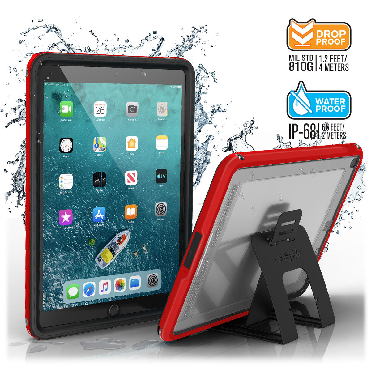 catalyst ipad air gen 3 10.5 waterproof case flame red front and back view with stand and splashes of water text reads drop proof mil std 810g 1.2 feet 4 meters waterproof ip68 6.6 feet 2 meters