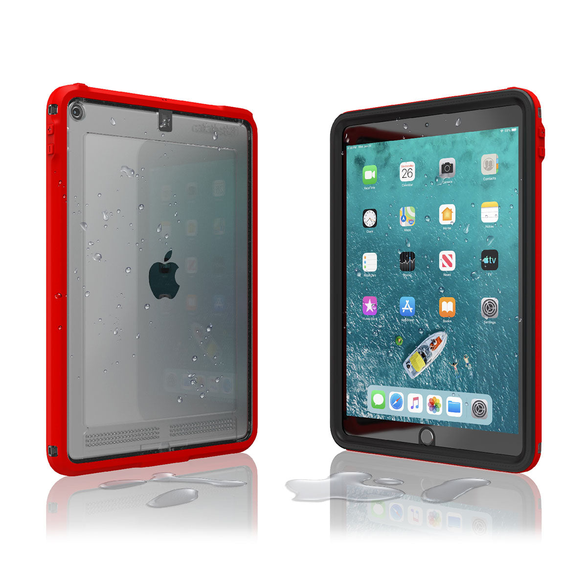 catalyst ipad air gen 3 10.5" waterproof case flame red front and back view with water droplets