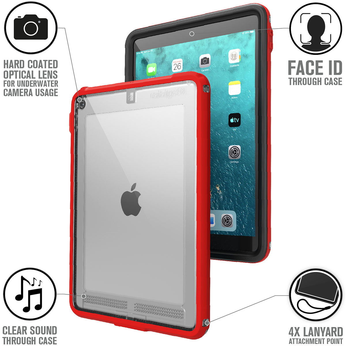 catalyst ipad air gen 3 10.5 waterproof case flame red front and back view text reads hard coated optical lens for underwater camera usage face id through case clear sound through case 4x lanyard attachment point