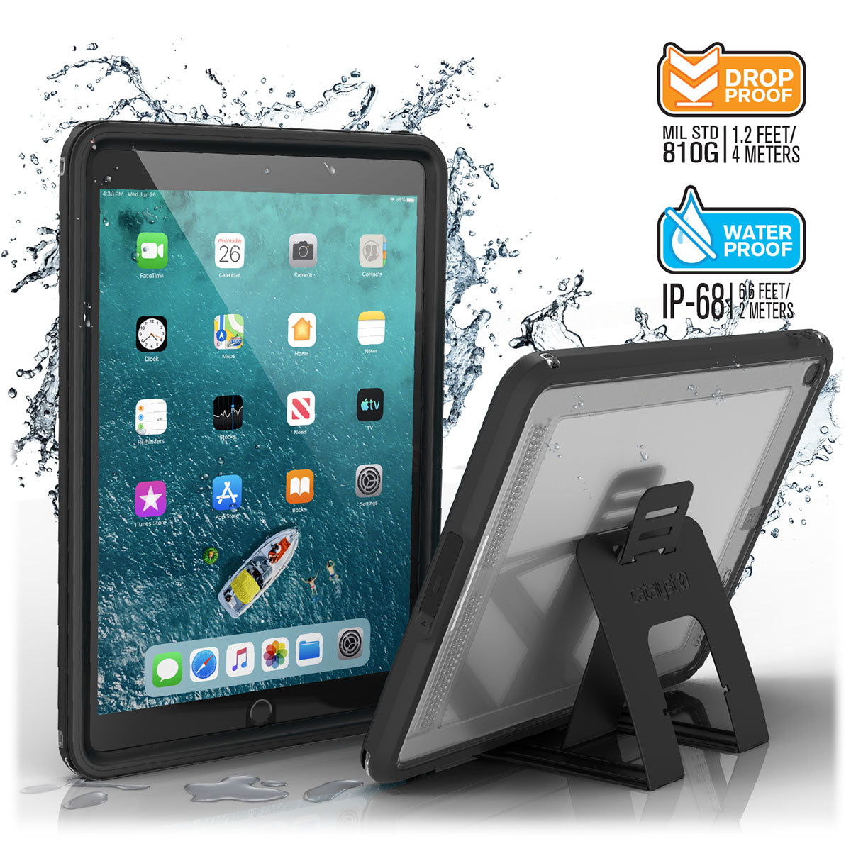 catalyst ipad air gen 3 10.5 waterproof case stealth black front and back view with stand and splashes of water text reads drop proof mil std 810g 1.2 feet 4 meters waterproof ip68 6.6 feet 2 meters