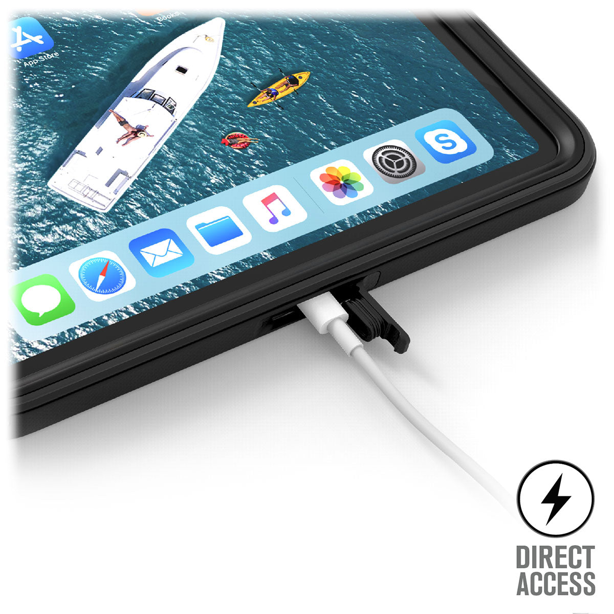 catalyst ipad air gen 3 10.5 waterproof case plugged into the charging cable text reads direct access
