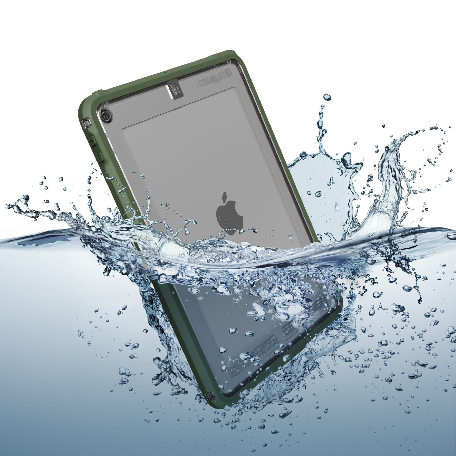 Catalyst ipad (Gen9/8/7), 10.2"-waterproof case showing how waterproof the case is in army green colorway