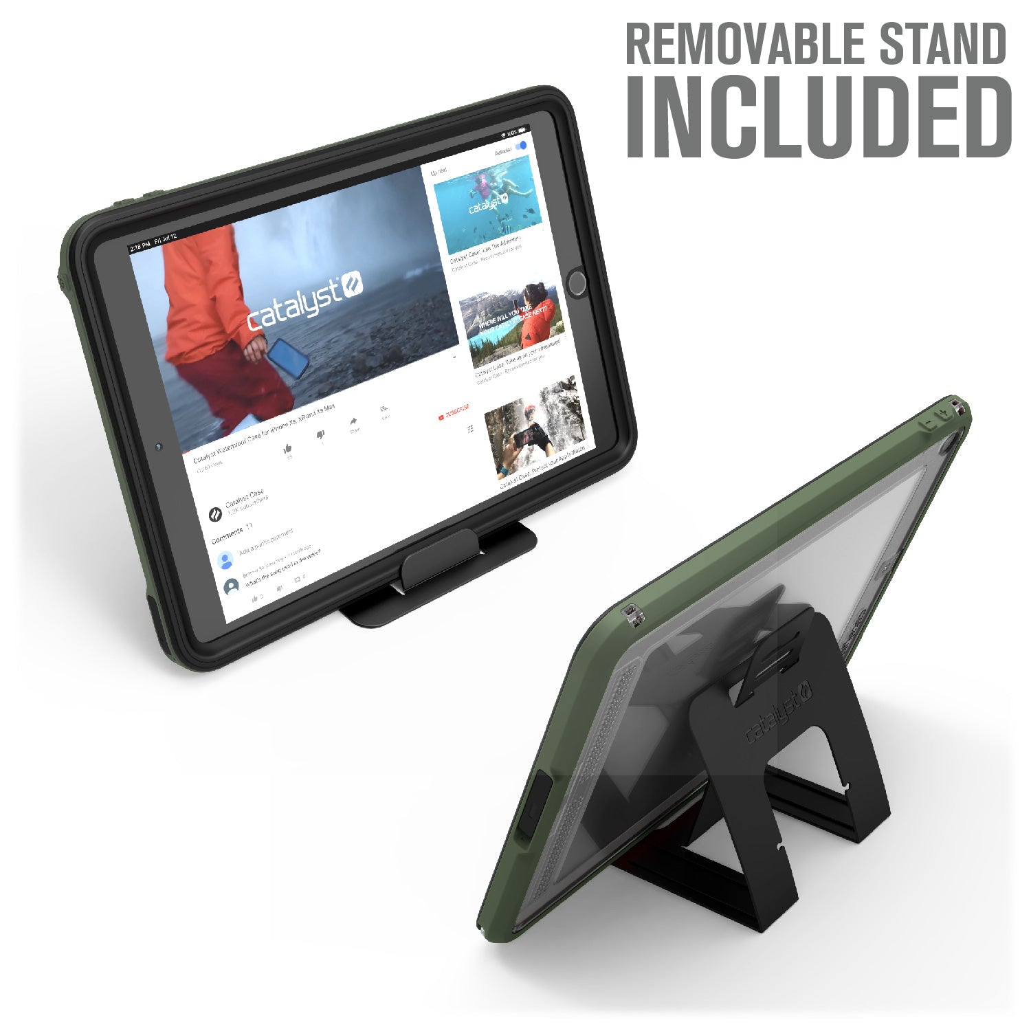 Catalyst ipad (Gen9/8/7), 10.2"-waterproof case showing the case attached on removable stand in army green colorway text reads removable stand included