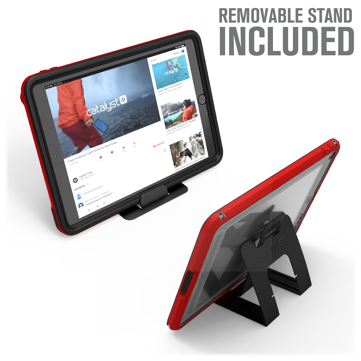 Catalyst ipad (Gen9/8/7), 10.2"-waterproof case showing the case attached on removable stand in flame red colorway text reads removable stand included