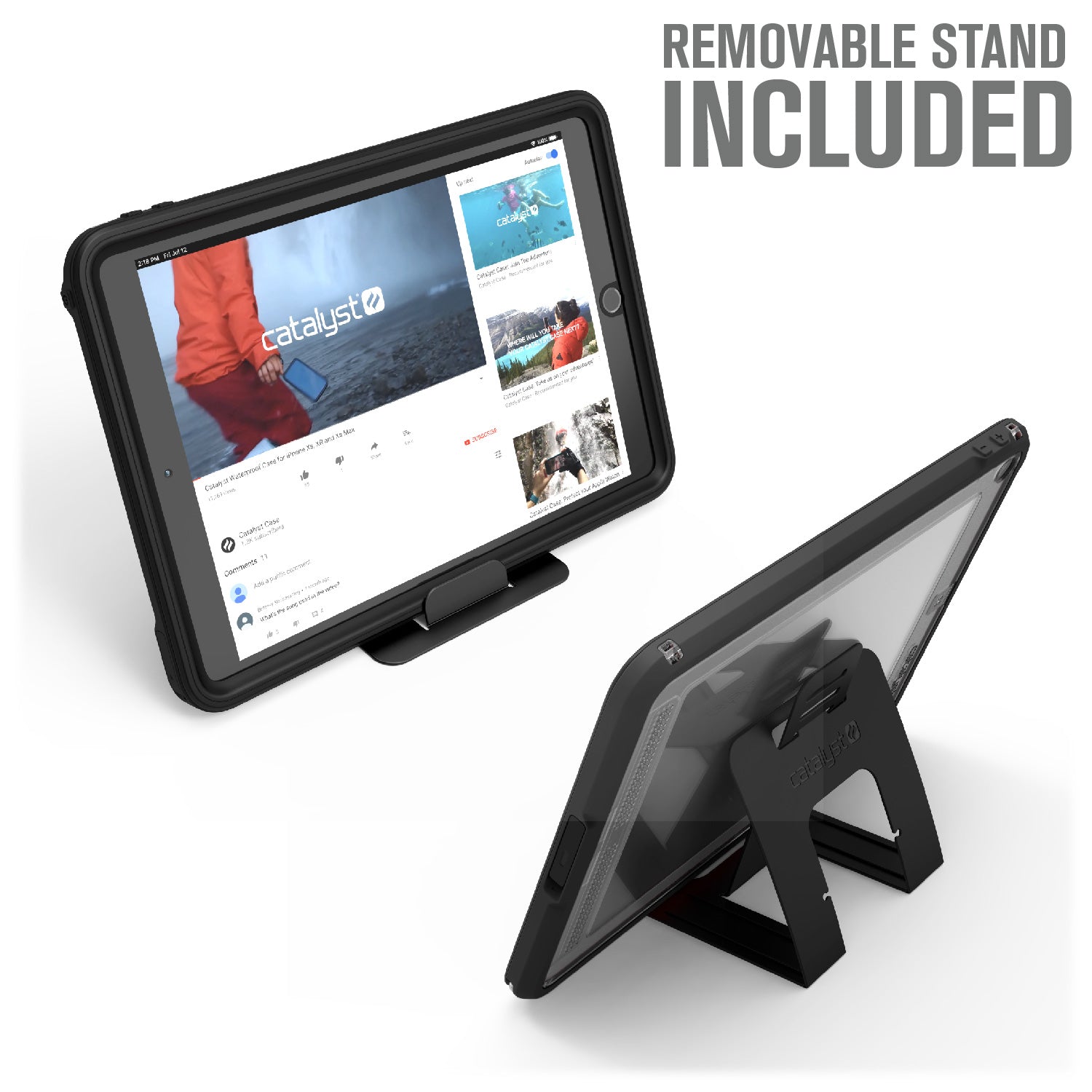 Catalyst ipad (Gen9/8/7), 10.2"-waterproof case showing the case attached on removable stand in stealth black colorway text reads removable stand included