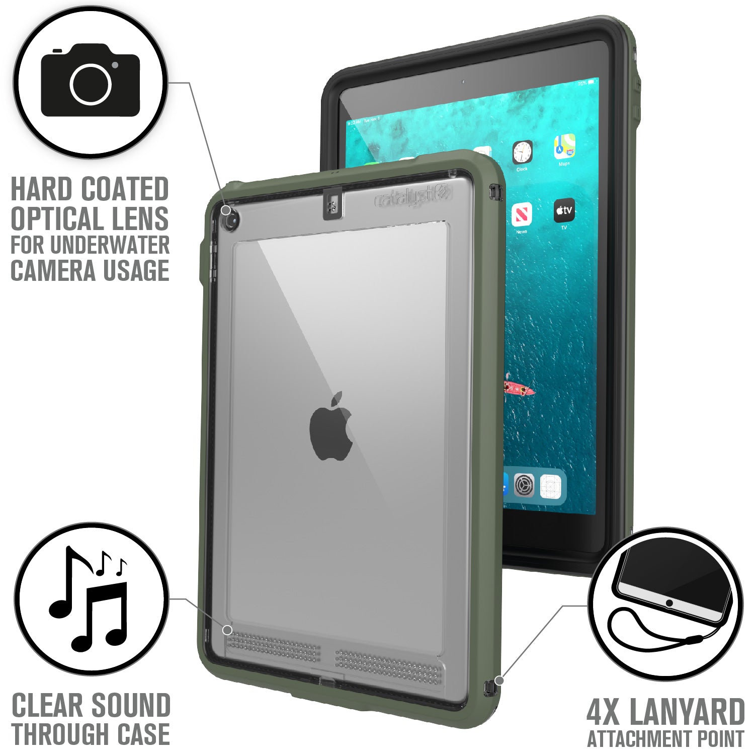 Catalyst ipad (Gen9/8/7), 10.2"-waterproof case showing the case features in army green colorway text reads hard coated optical lens for underwater camera usage clear sound through case 4x lanyard attachment point