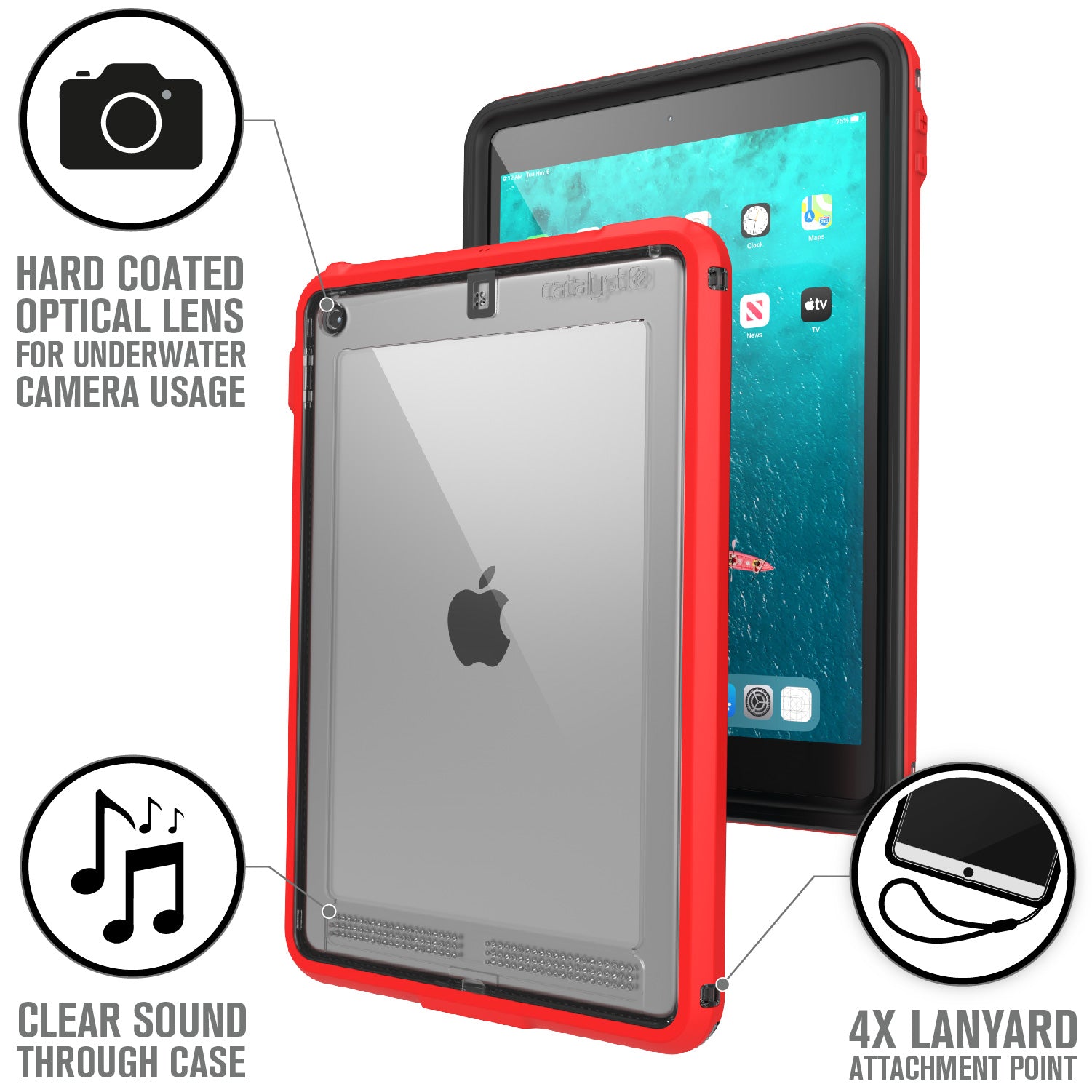 Catalyst ipad (Gen9/8/7), 10.2"-waterproof case showing the case features in flame red colorway text reads hard coated optical lens for underwater camera usage clear sound through case 4x lanyard attachment point