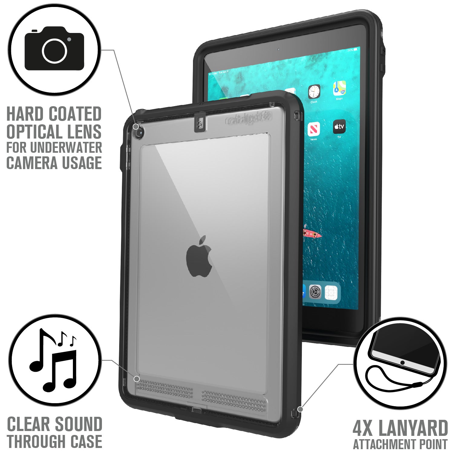 Catalyst ipad (Gen9/8/7), 10.2"-waterproof case showing the case features in stealth black colorway text reads hard coated optical lens for underwater camera usage clear sound through case 4x lanyard attachment point