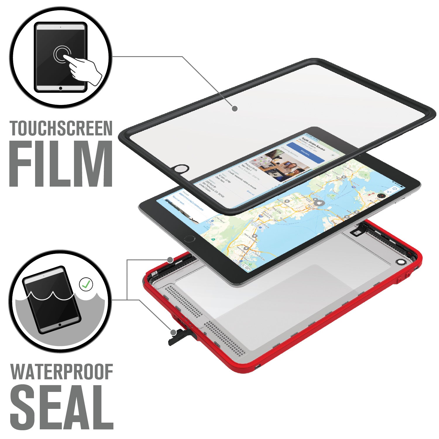 Catalyst ipad (Gen9/8/7), 10.2"-waterproof case showing the case screen film in flame red colorway text reads touchscreen film waterproof seal