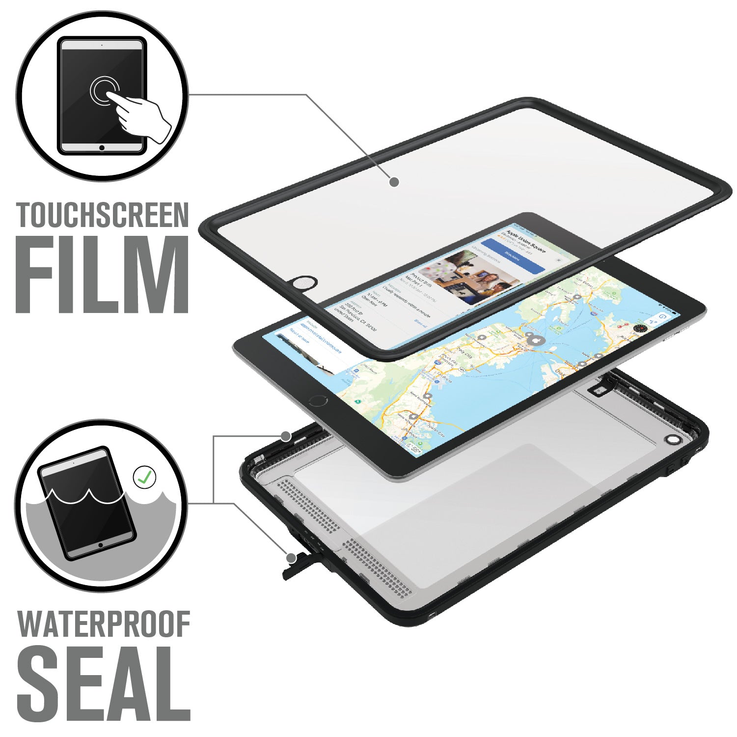 Catalyst ipad (Gen9/8/7), 10.2"-waterproof case showing the case screen film in stealth black colorway text reads touchscreen film waterproof seal