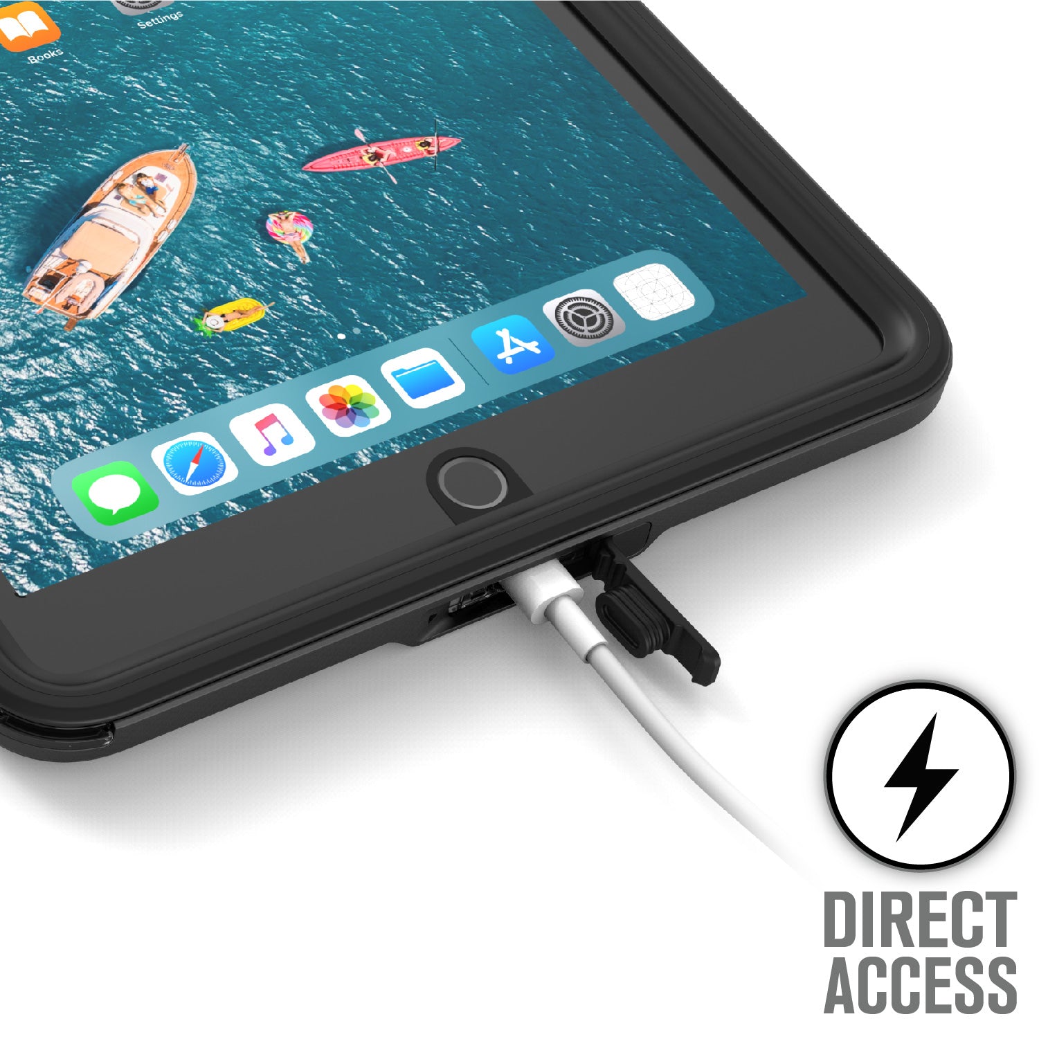 Catalyst ipad (Gen9/8/7), 10.2"-waterproof case showing the case while charging in stealth black colorway text reads direct access