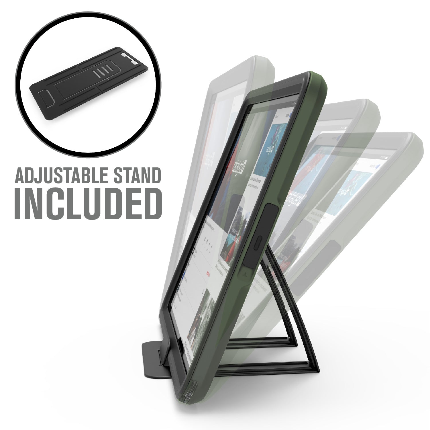 Catalyst ipad (Gen9/8/7), 10.2"-waterproof case showing the case with adjustable stand in army green colorway text reads adjustable stand included