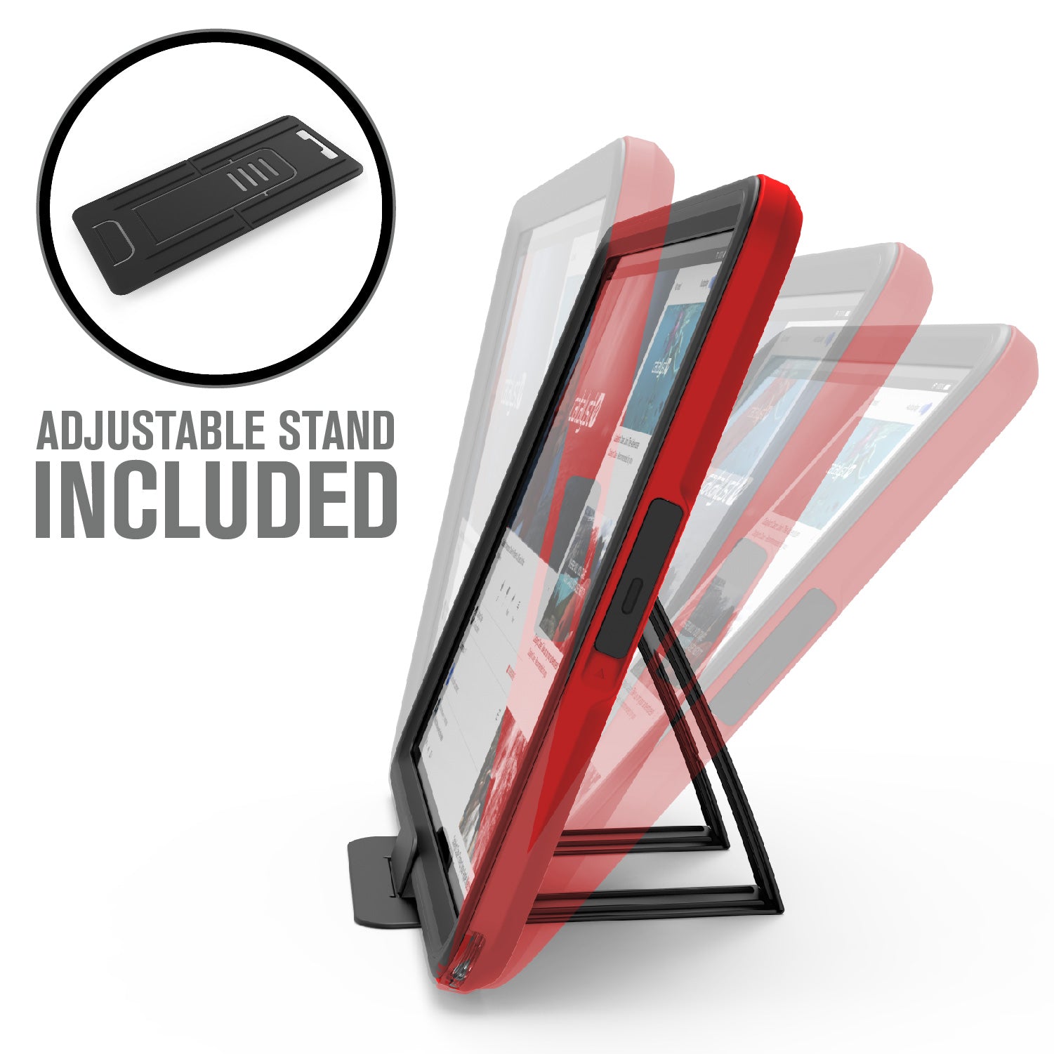 Catalyst ipad (Gen9/8/7), 10.2"-waterproof case showing the case with adjustable stand in flame red colorway text reads adjustable stand included