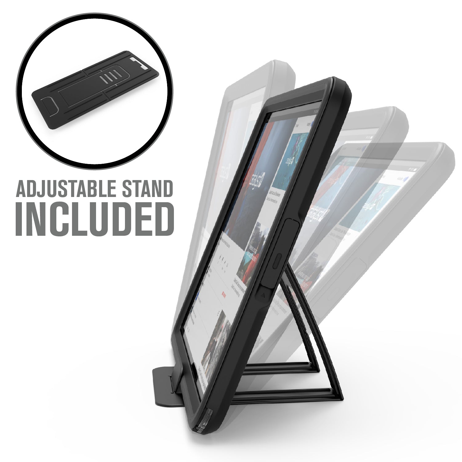 Catalyst ipad (Gen9/8/7), 10.2"-waterproof case showing the case with adjustable stand in stealth black colorway text reads adjustable stand included