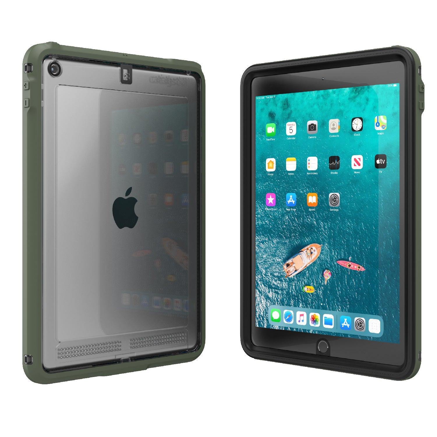 Catalyst ipad (Gen9/8/7), 10.2"-waterproof case showing the front and back view of the case in army green colorway