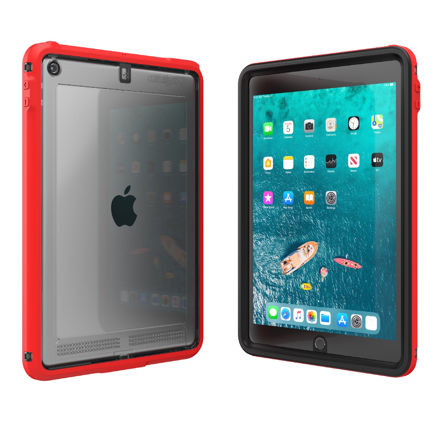 Catalyst ipad (Gen9/8/7), 10.2"-waterproof case showing the front and back view of the case in flame red colorway