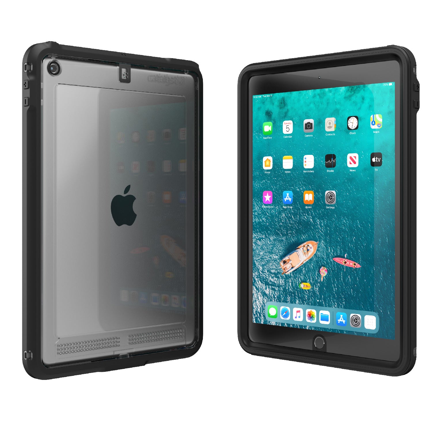Catalyst ipad (Gen9/8/7), 10.2"-waterproof case showing the front and back view of the case in stealth black colorway