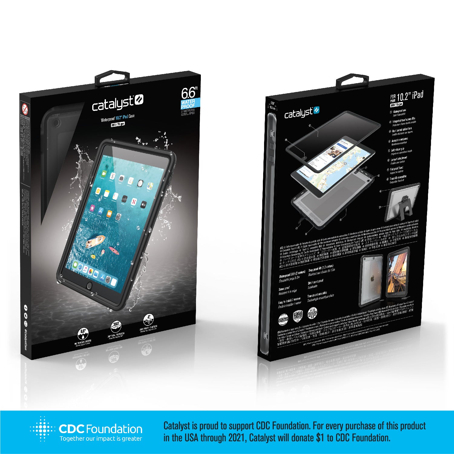 Catalyst ipad (Gen9/8/7), 10.2"-waterproof case showing the case front and back view of the packaging in stealth black colorway