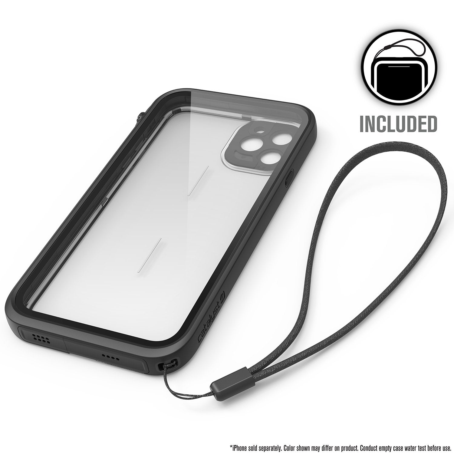 Catalyst iphone 11 pro max waterproof case showing the back of the case with lanyard attached  in stealth black colorway
