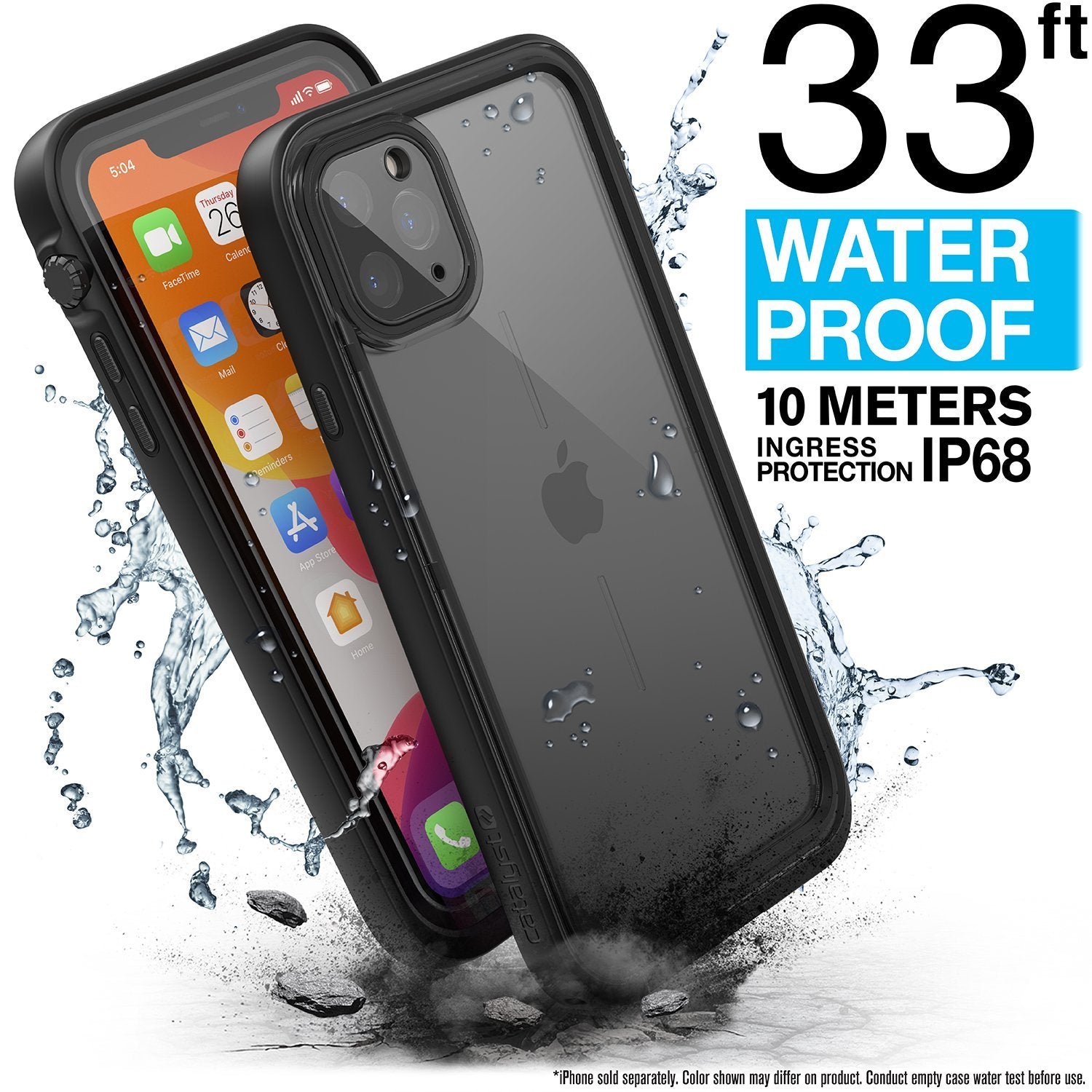 Catalyst iphone 11 pro max waterproof case showing the case being drop proof and waterproof in stealth black colorway