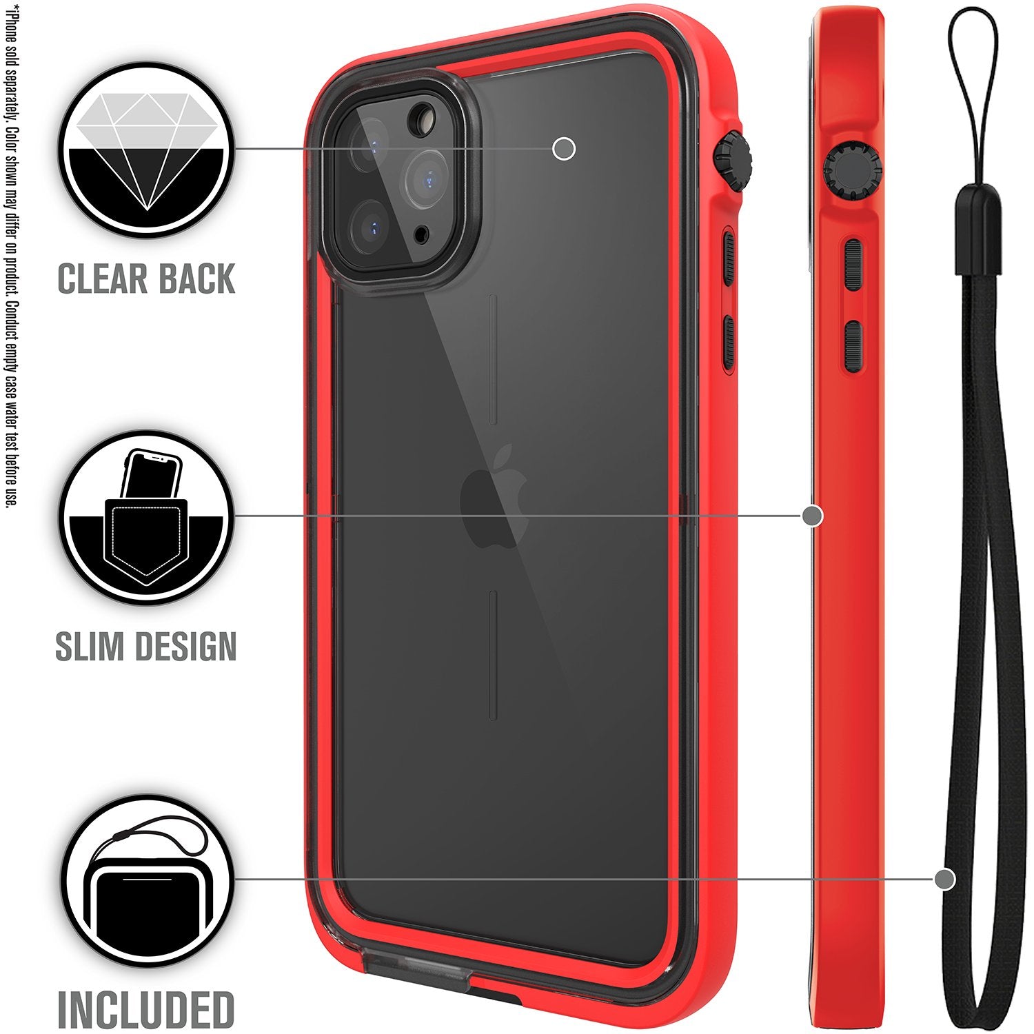 Catalyst iphone 11 pro max waterproof case showing the case design with lanyard in flame red colorway text reads clear back slim design included