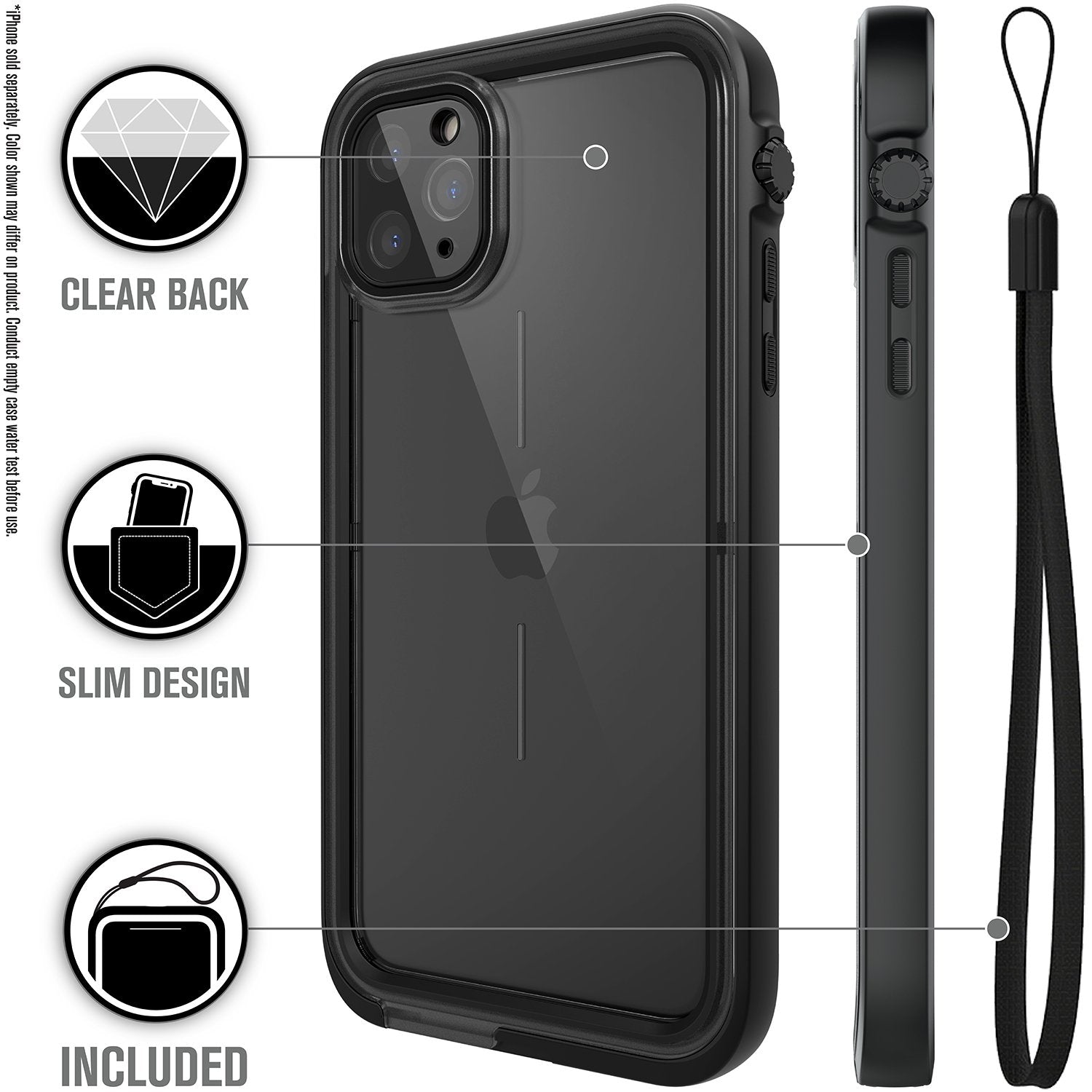 Catalyst iphone 11 pro max waterproof case showing the case design with lanyard in stealth black colorway text reads clear back slim design included