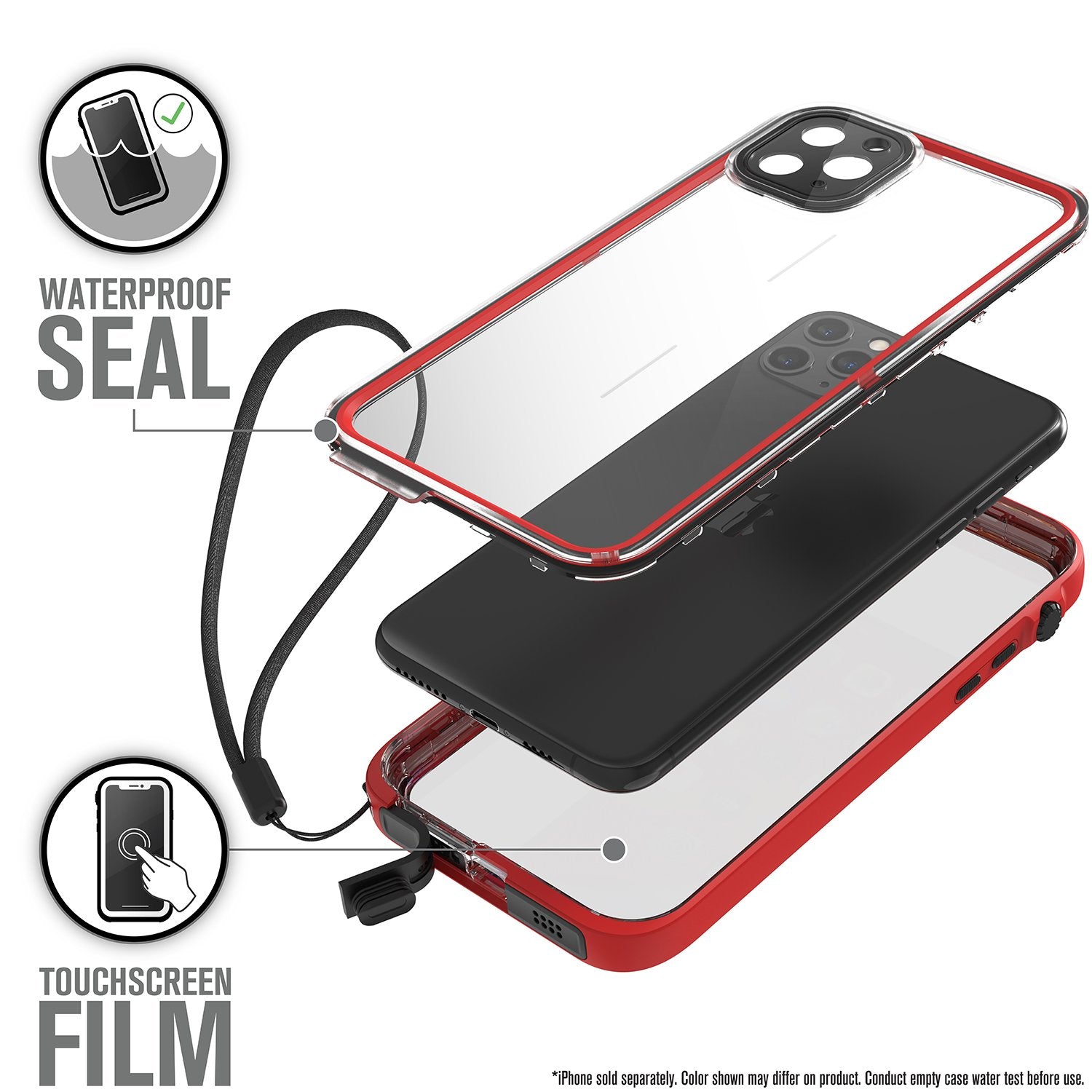 Catalyst iphone 11 pro max waterproof case showing the case screen film in flame red colorway