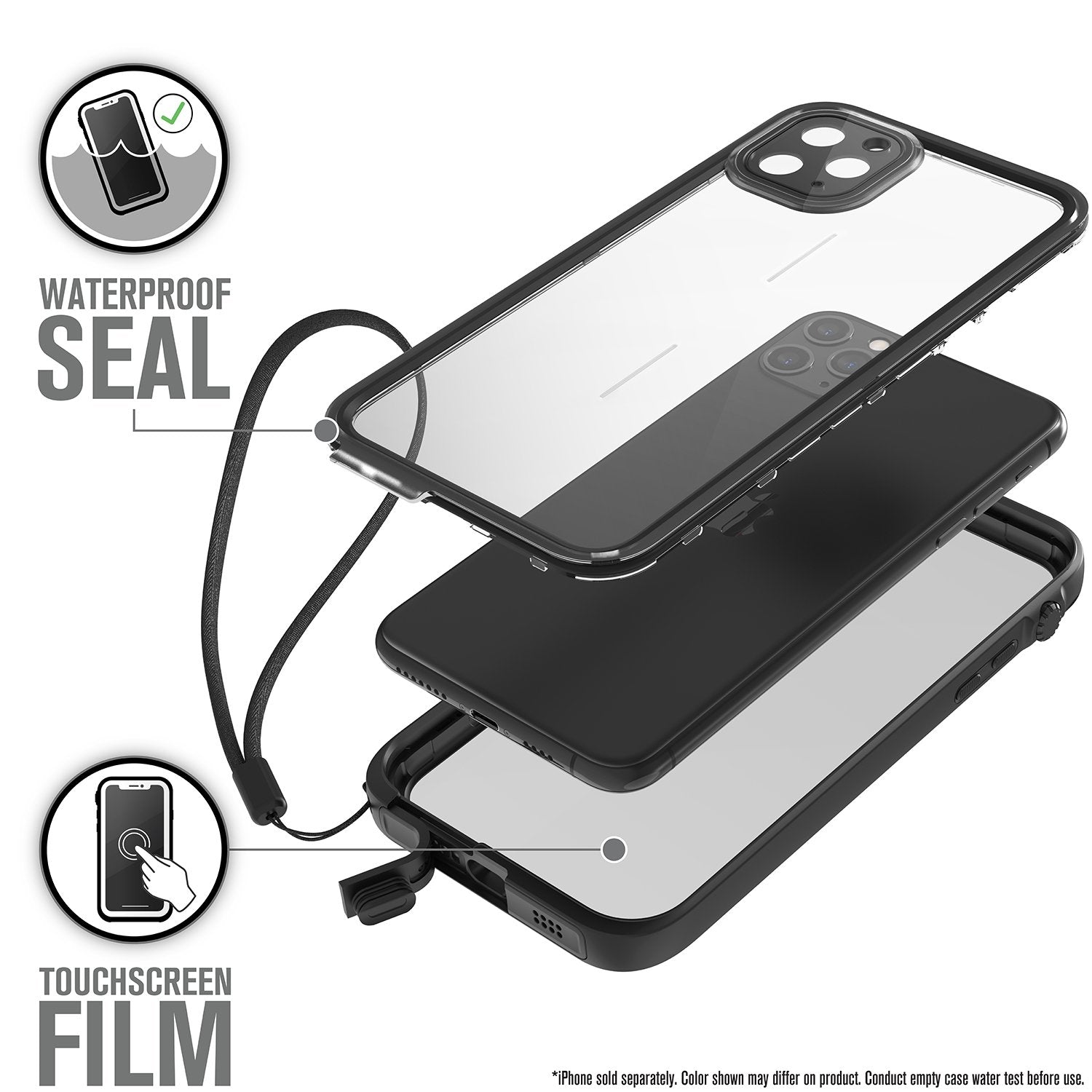 Catalyst iphone 11 pro max waterproof case showing the case screen film in stealth black colorway