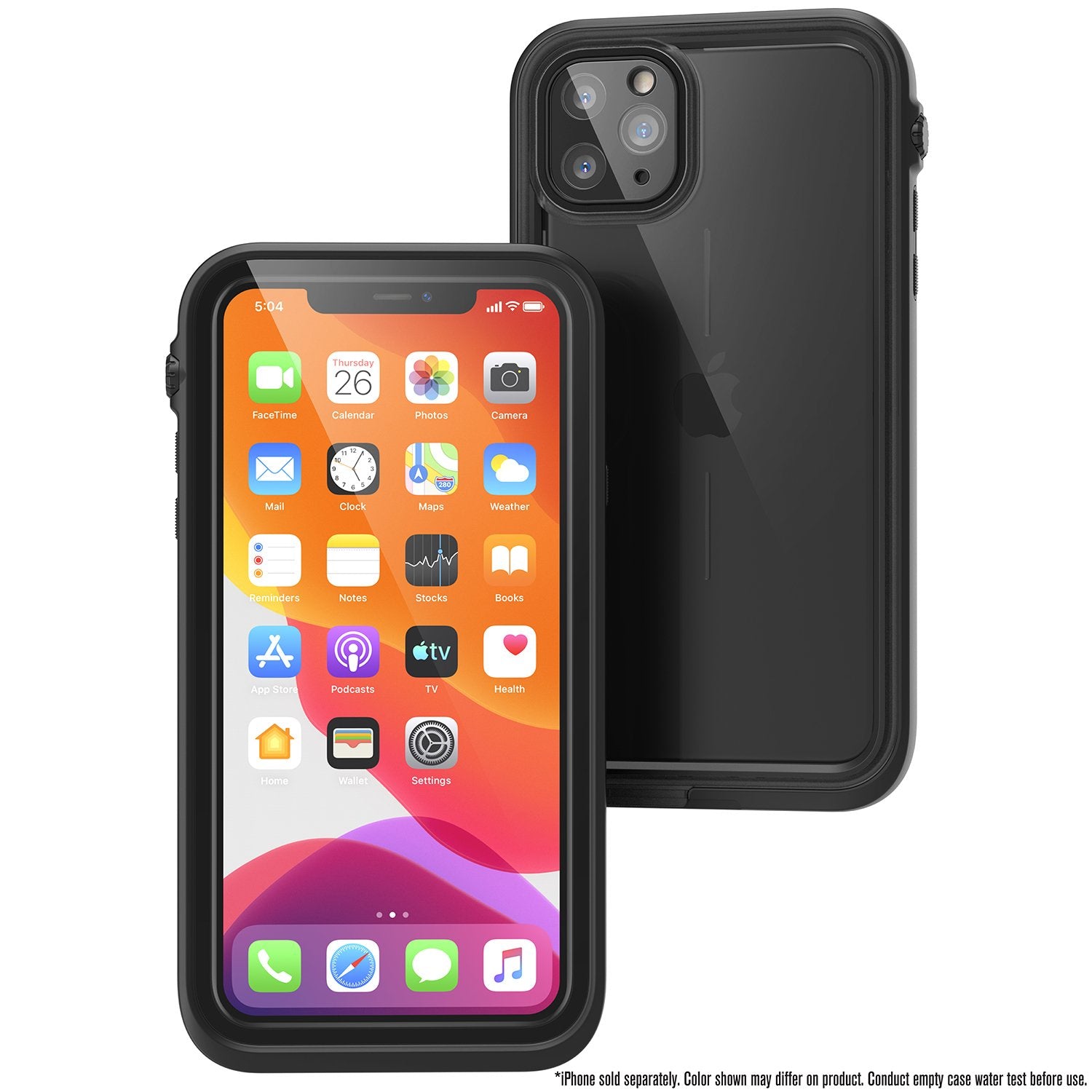 Catalyst iphone 11 pro max waterproof case showing the front and back view of the case in stealth black colorway