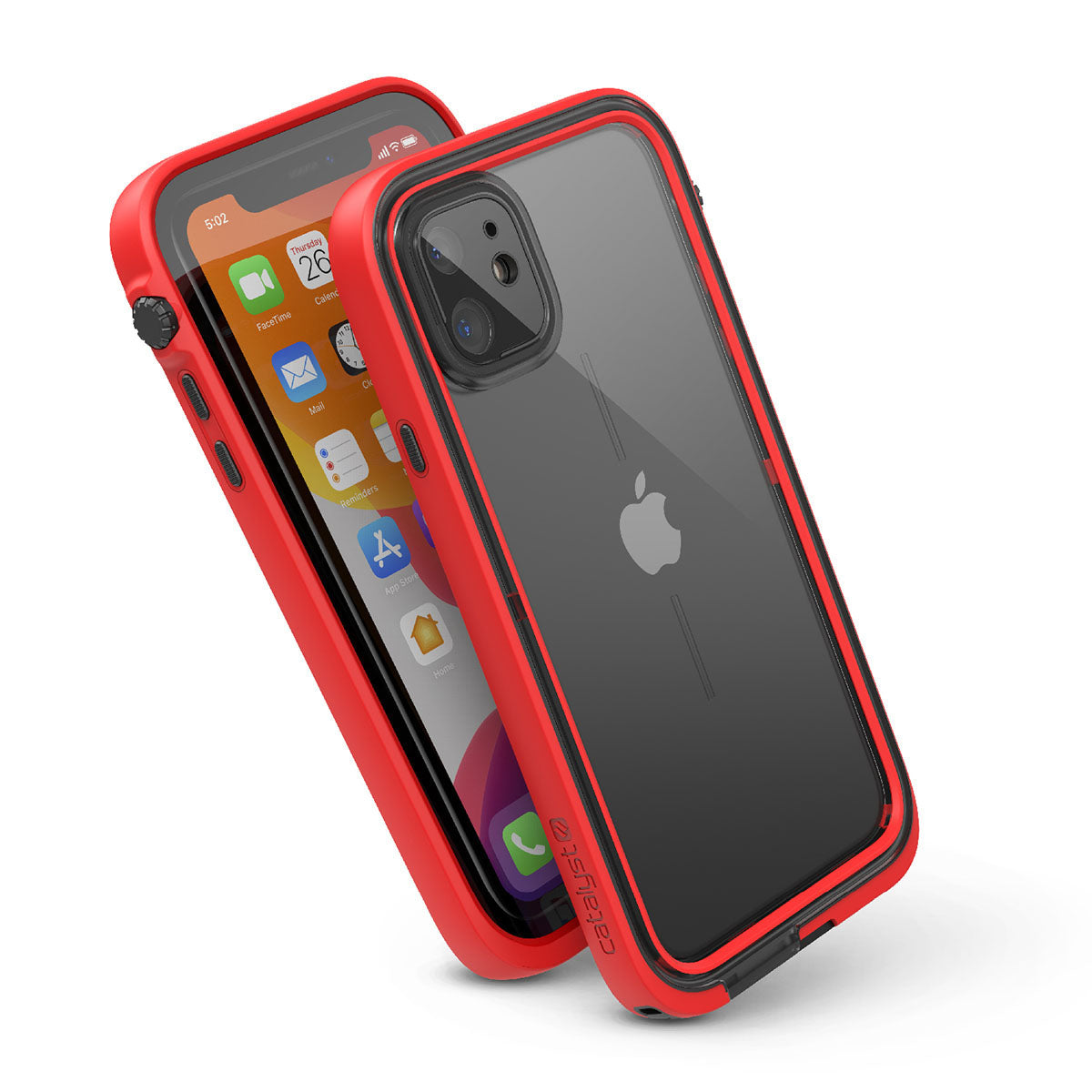 Catalyst iphone 11 series waterproof case in iphone 11 showing the side front and back view of the case in flame red colorway.