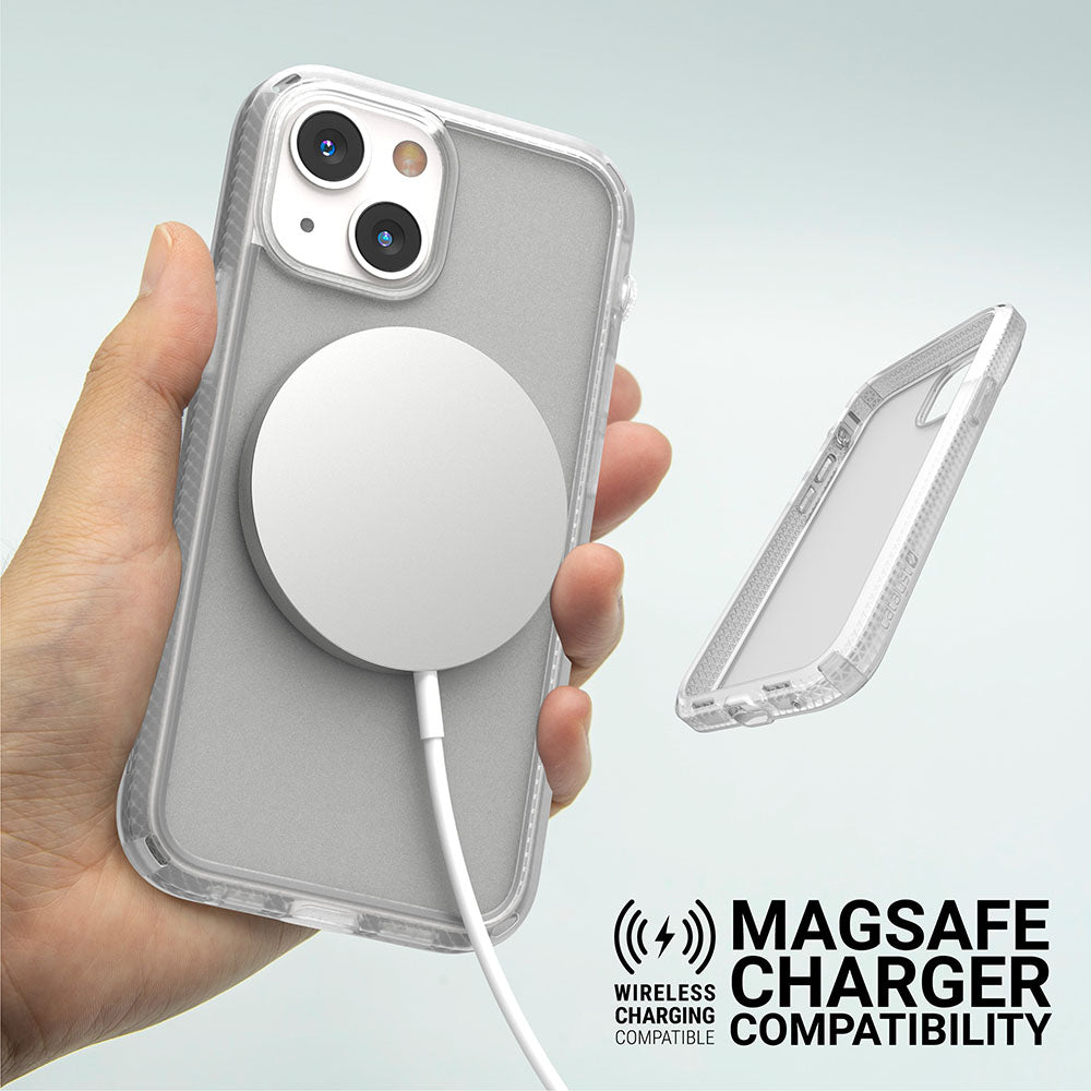 Catalyst iphone 13 series influence case in clear colorway with magsafe charger alt text wireless charging compatible magsafe charger compatibility