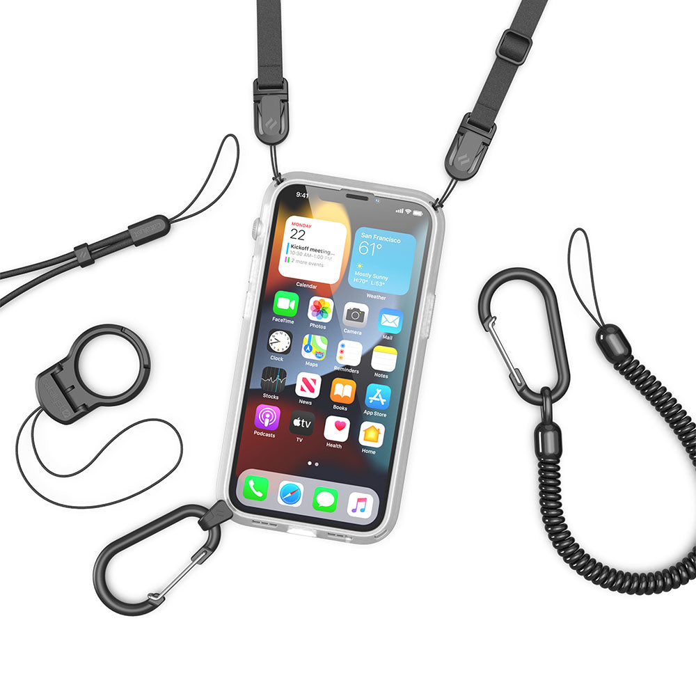 catalyst-iphone-13-series-influence-case-in-clear-colorway-with- shoulder strap and carabiner