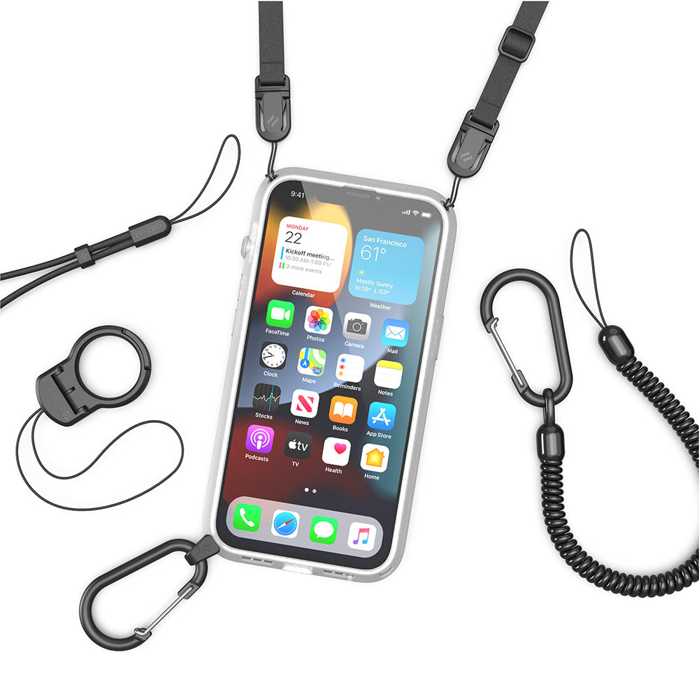 catalyst iPhone 13 series influence case in iphone 13 clear colorway with shoulder strap and carabiner