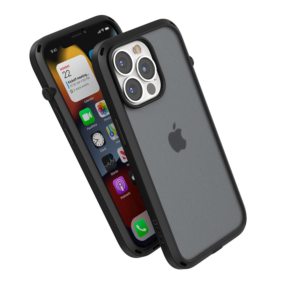 Catalyst iphone 13 series influence case in iphone 13 in stealth black showing the side front and back view of the case
