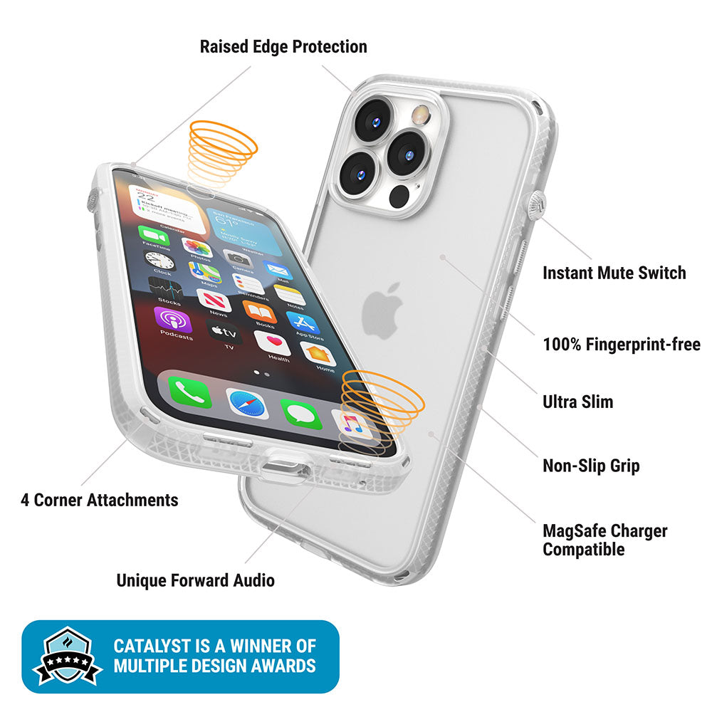 Catalyst iphone 13 series influence case in iphone 13 pro clear colorway showing the case features text reads raised edge protection instant mute switch 100% fingerprint free ultra-slim non-slip-grip magsafe charger compatible 4 corner attachments unique forward audio